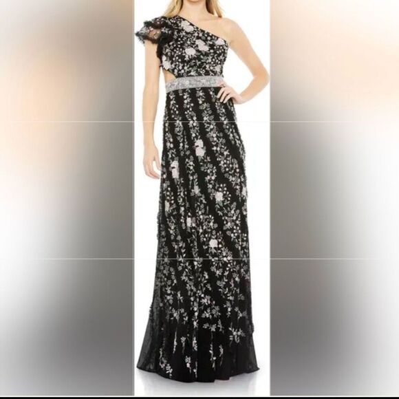 Mac Duggal Embroidered One Shoulder Gown Black Floral Lace up Dress NWT - Picture 11 of 16